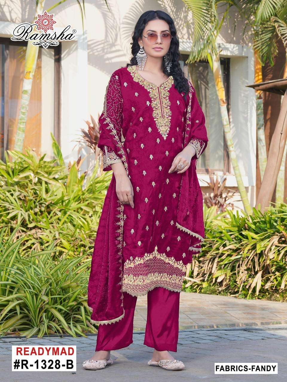 D.NO :- R-1328 BY RAMSHA IN FANDY FABRICS WITH SILK STEACH BOTTOM