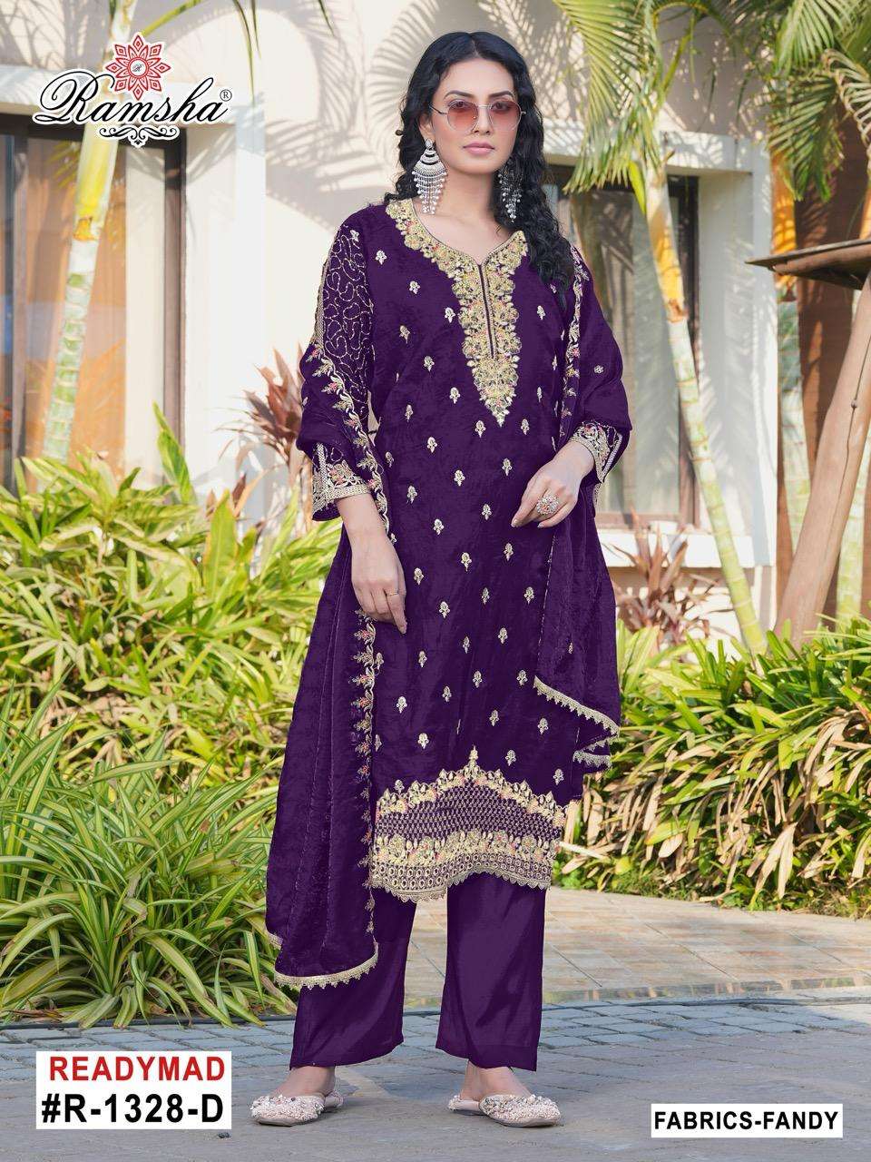 D.NO :- R-1328 BY RAMSHA IN FANDY FABRICS WITH SILK STEACH BOTTOM