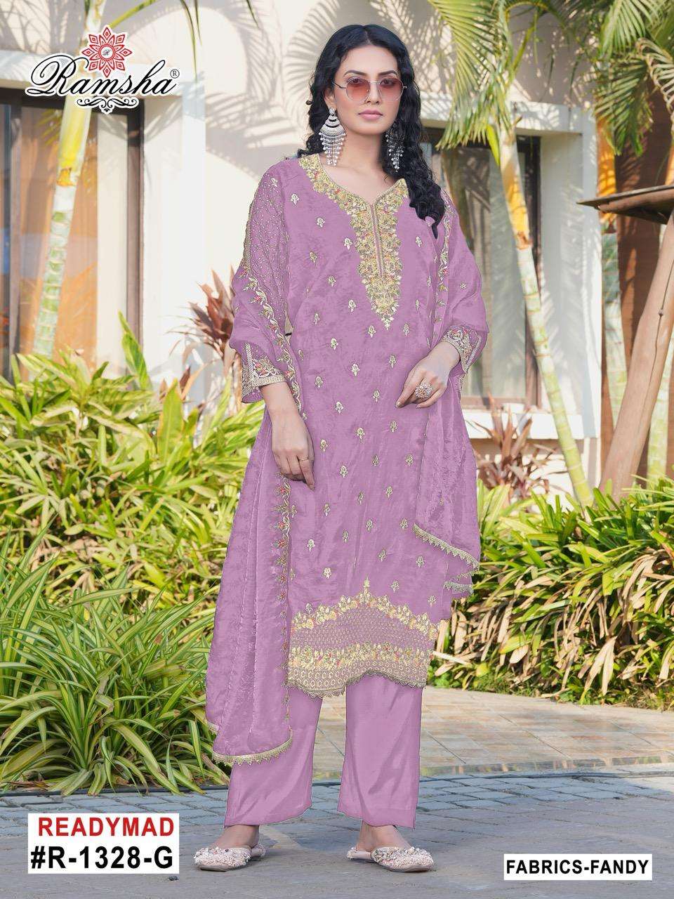 D.NO :- R-1328 BY RAMSHA IN FANDY FABRICS WITH SILK STEACH BOTTOM