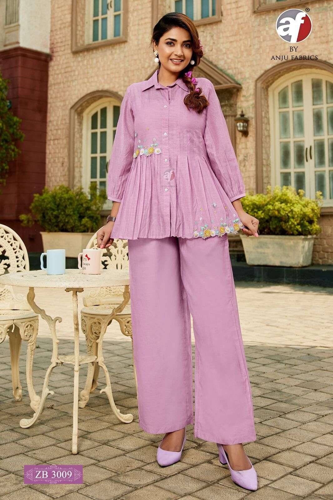 D.NO :- ZB 3009 BY ANJU FABRICS IN MUL CHANDERI DESIGNER CO-ORD SET WITH EMBROIDERY WORK