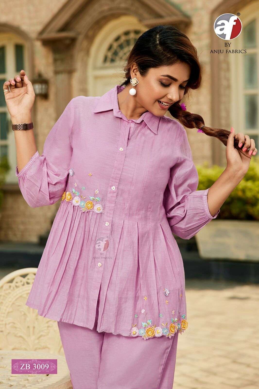 D.NO :- ZB 3009 BY ANJU FABRICS IN MUL CHANDERI DESIGNER CO-ORD SET WITH EMBROIDERY WORK