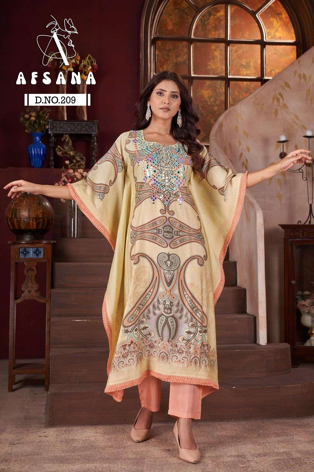 DN :- 209 BY AFSANA IN MODAL SILK KAFTAN WITH WORK 