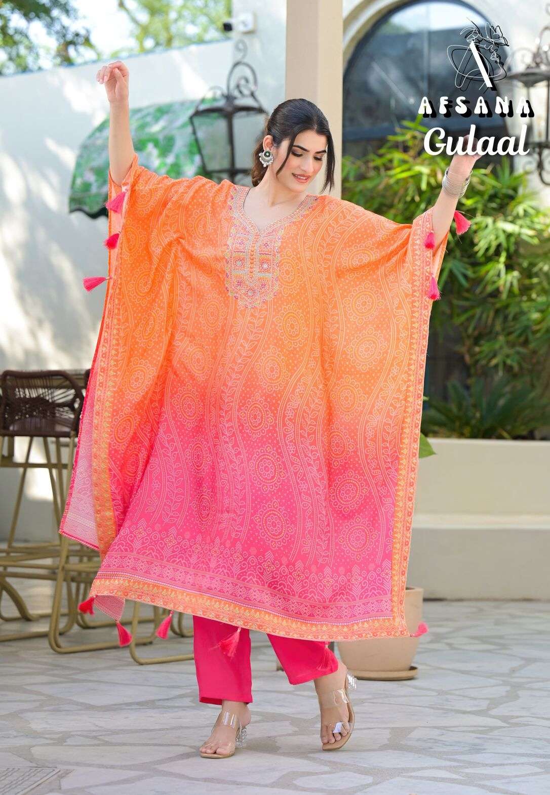 GULAAL BY AFSANA IN PURE MUSLIN SILK KAFTAN WITH WORK 
