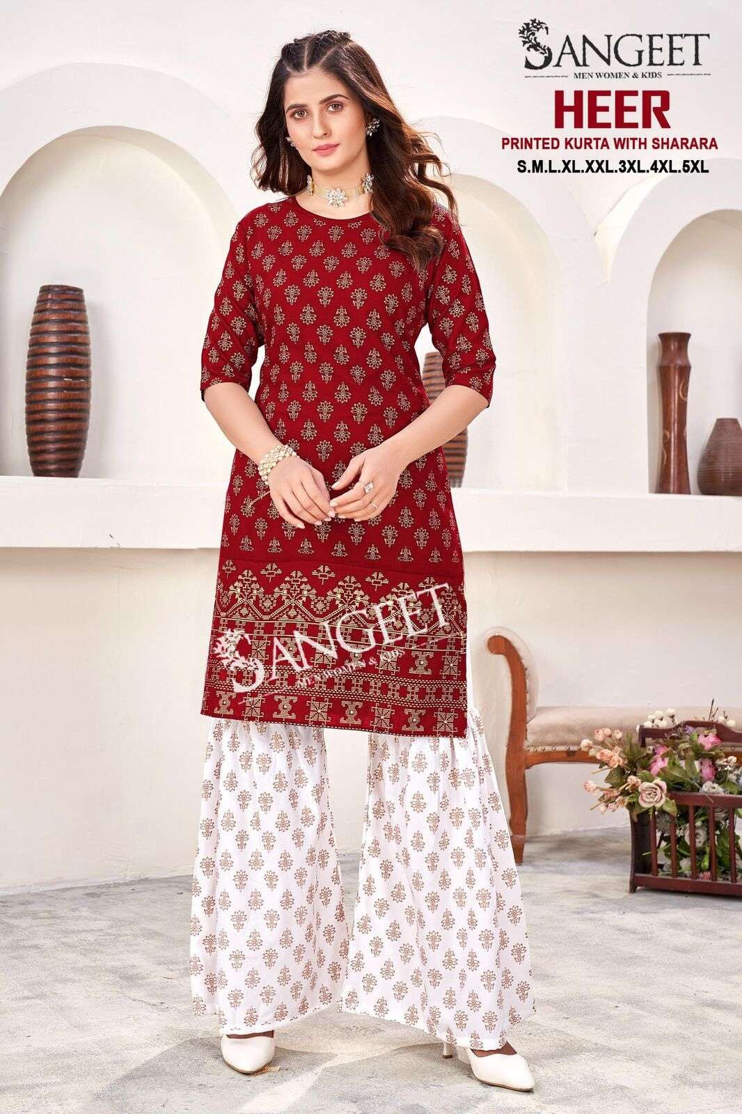 HEER BY SANGEET IN RAYON GOLD PRINTED KURTI WITH SHARARA PLAZZO