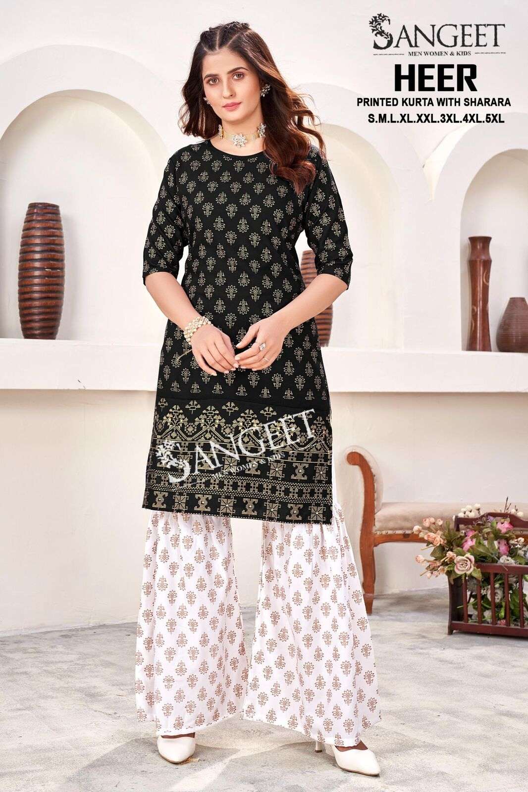 HEER BY SANGEET IN RAYON GOLD PRINTED KURTI WITH SHARARA PLAZZO