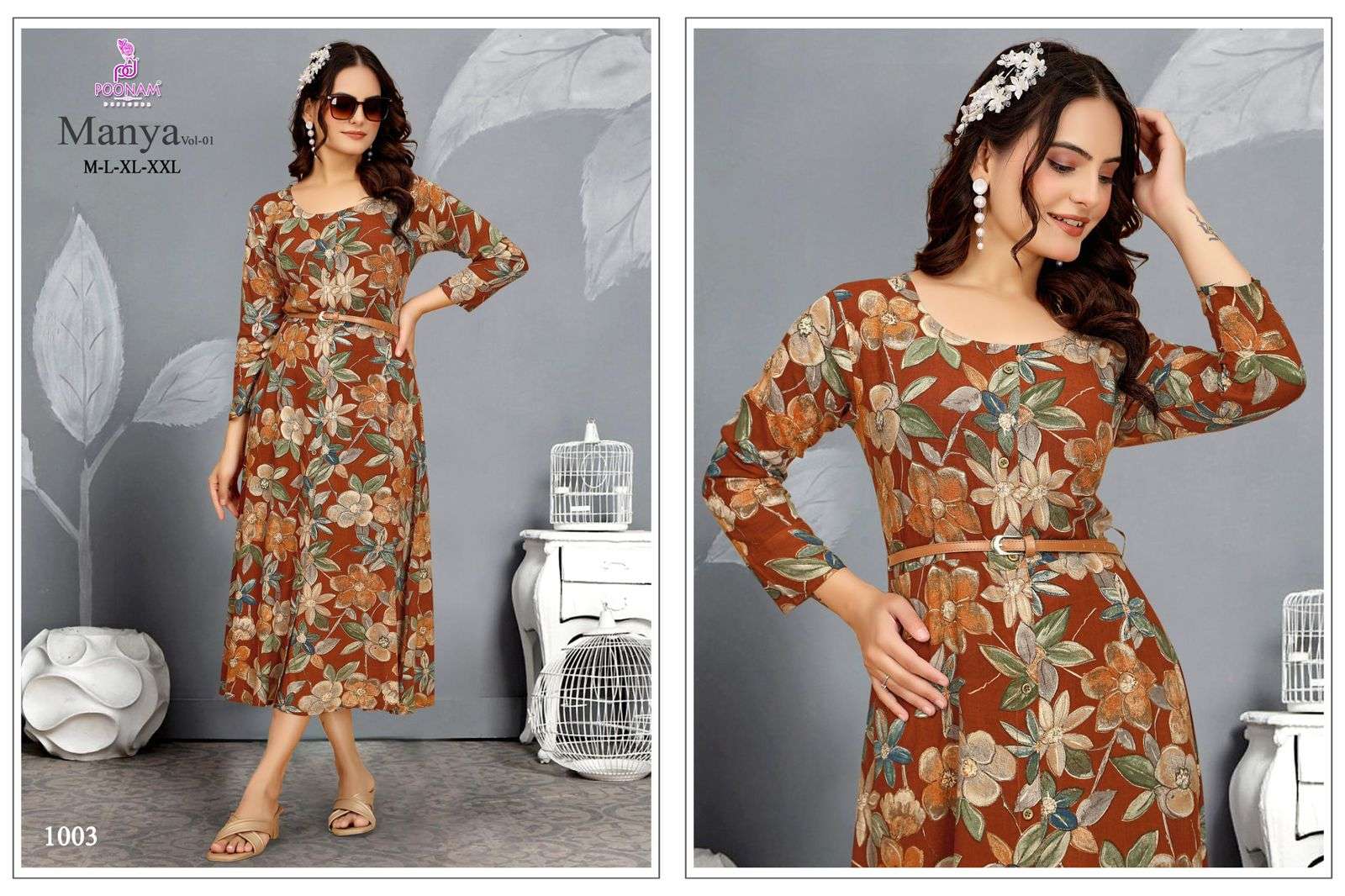 MANYA VOL-1 BY POONAM DESIGNER IN PREMIUM QUALITY RAYON GOWN WITH LEATHER BELT