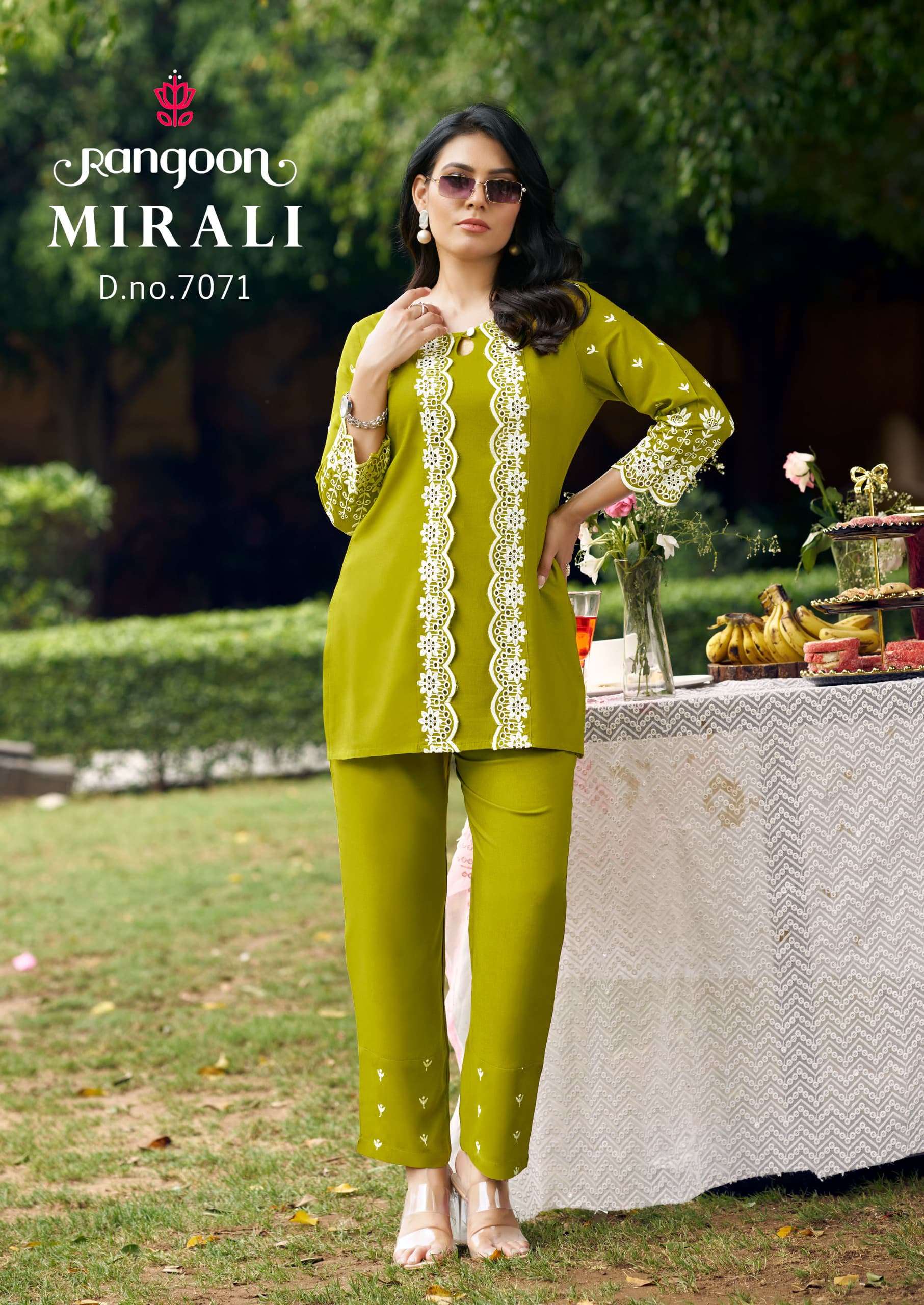 MIRALI BY RANGOON IN VISCOSE RAYON WITH FANCY CHIFFLY WORK AND LACE COAT SET 