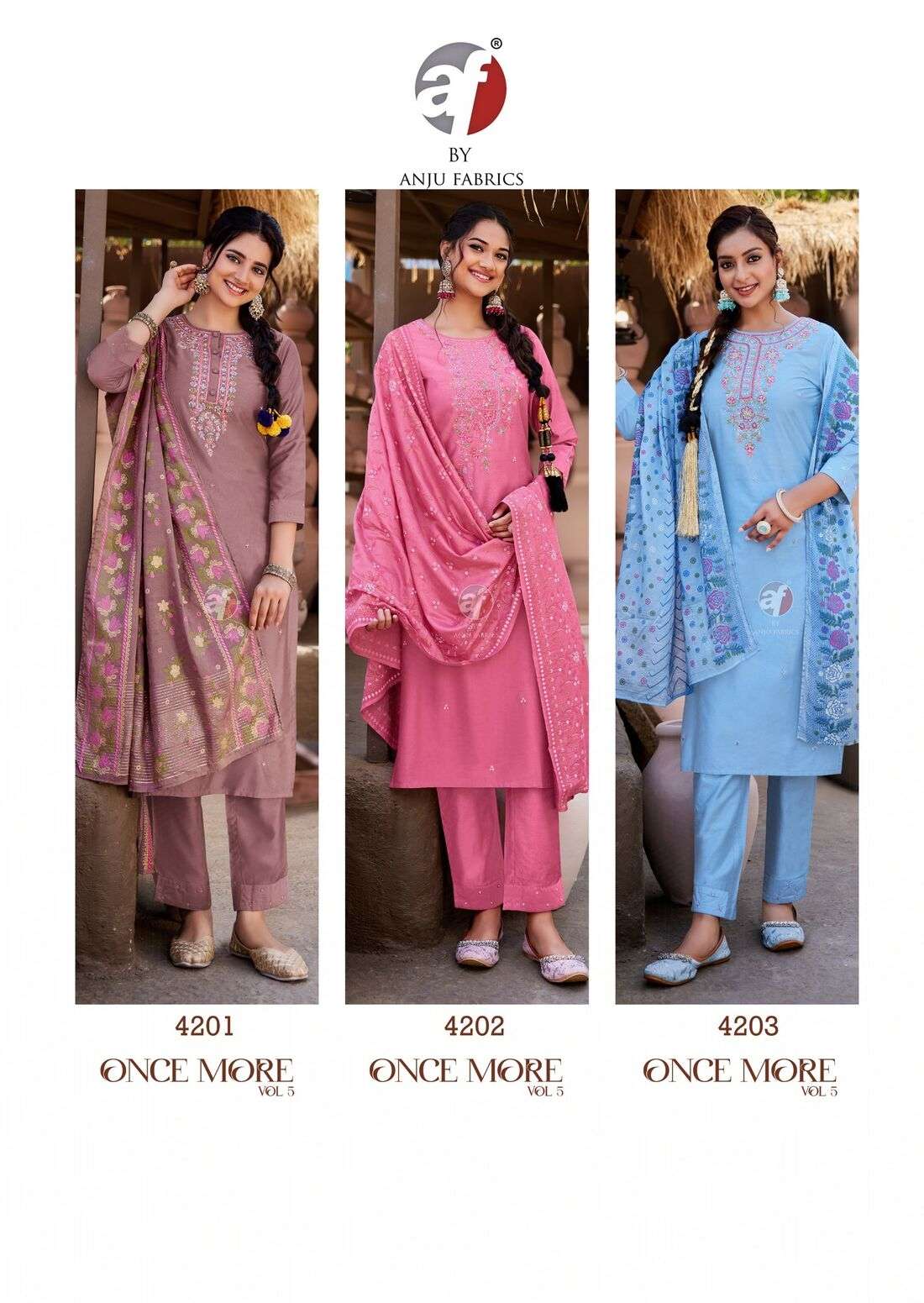 ONCE MORE VOL-5 BY ANJU FABRICS IN VISCOSE BY NYLON KURTI PANT WITH DUPATTA 
