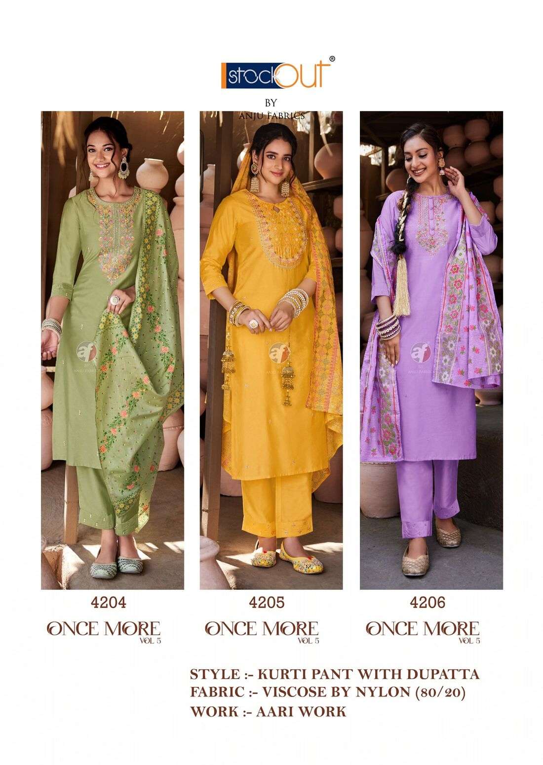 ONCE MORE VOL-5 BY ANJU FABRICS IN VISCOSE BY NYLON KURTI PANT WITH DUPATTA 