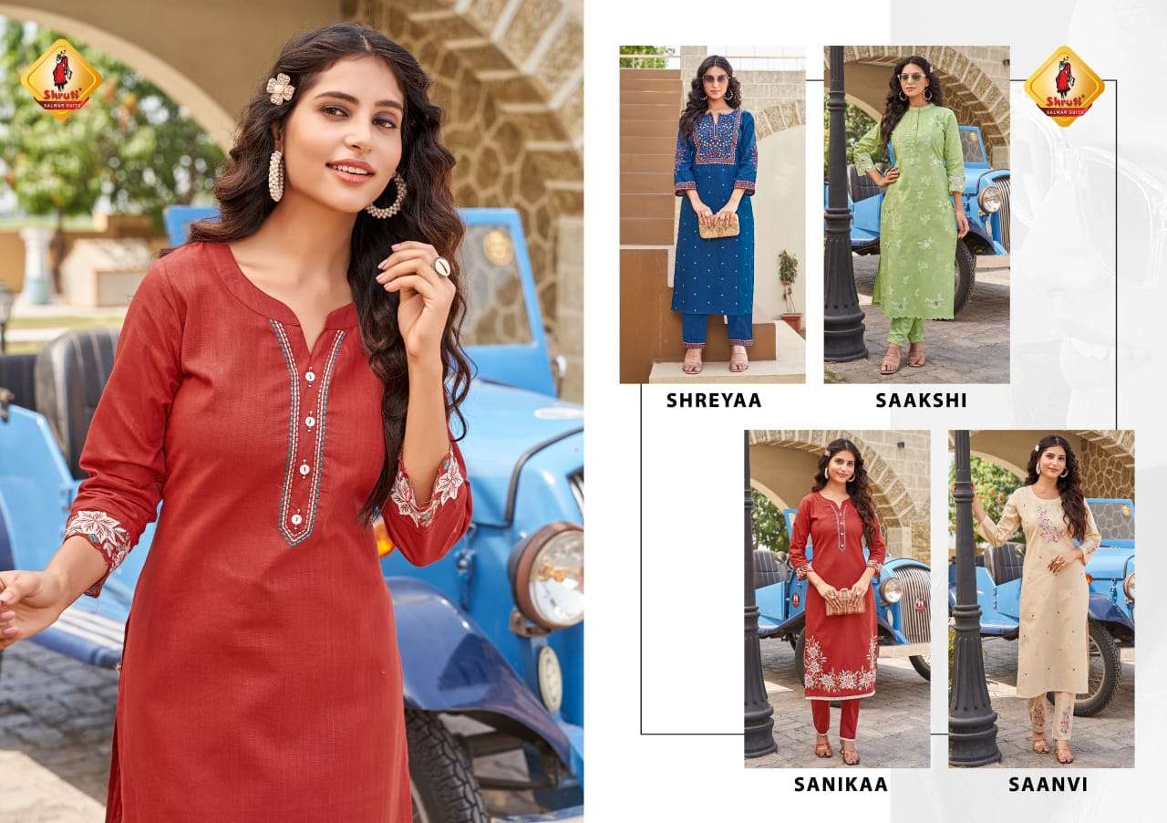 PAHELI VOL-11 BY SHRUTI SUIT PURE COTTON EMBROIDERY THREAD WORK KURTI PANT 