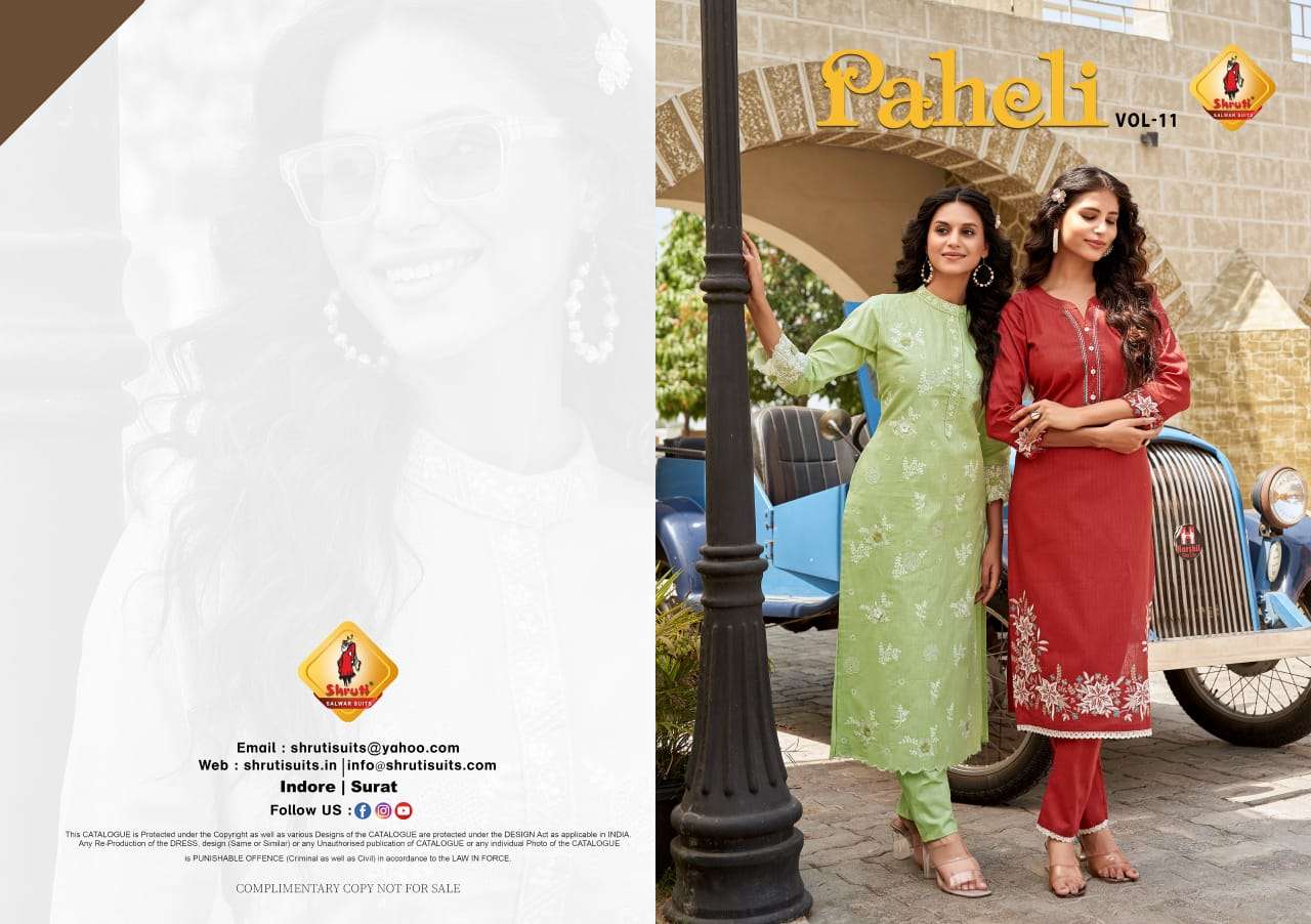 PAHELI VOL-11 BY SHRUTI SUIT PURE COTTON EMBROIDERY THREAD WORK KURTI PANT 