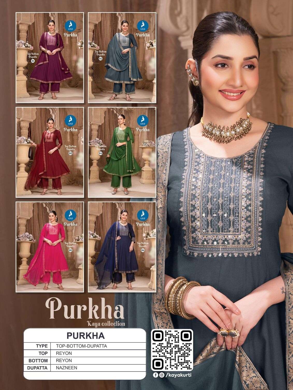 PURKHA BY KAYA KURTI IN RAYON 3 PIECE CONCEPT IN ANARKALI WITH NAZNEEN DUPATTA