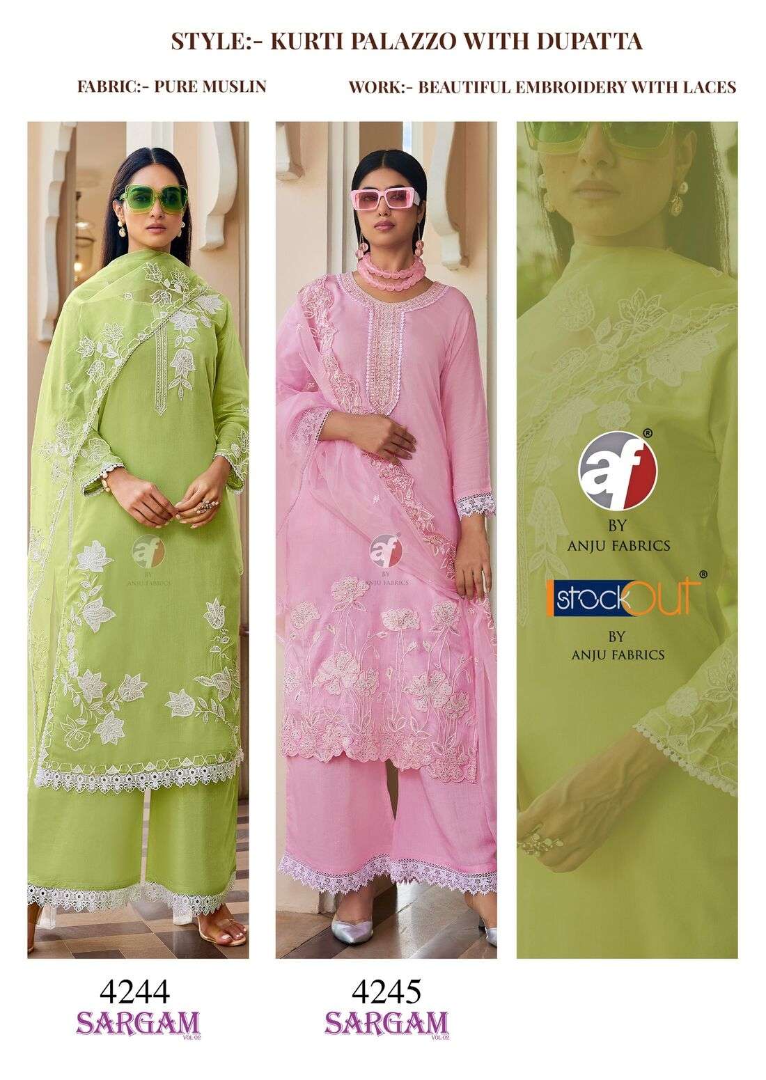 SARGAM VOL-2 BY ANJU FABRICS IN PURE MUSLIN WITH BEAUTIFUL EMBROIDERY WITH LACES 