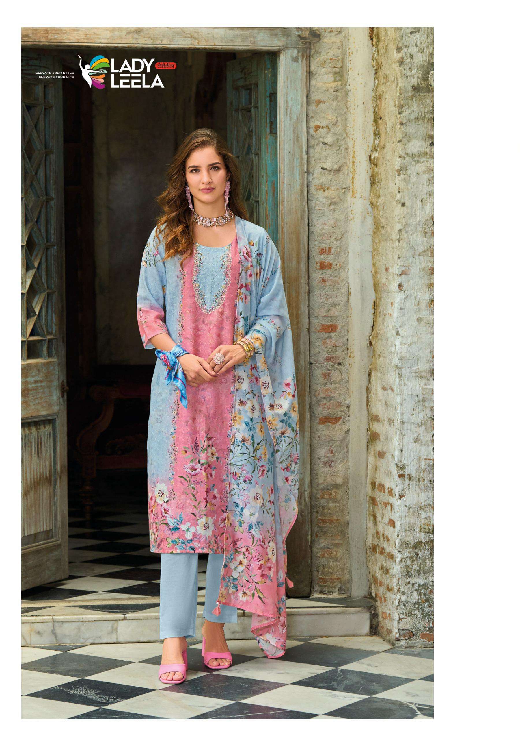 SUMMER PASTELS-2 BY LADY LEELA IN BORER STIFFLY WORK ON LINEN FABRIC WITH HANDWORK