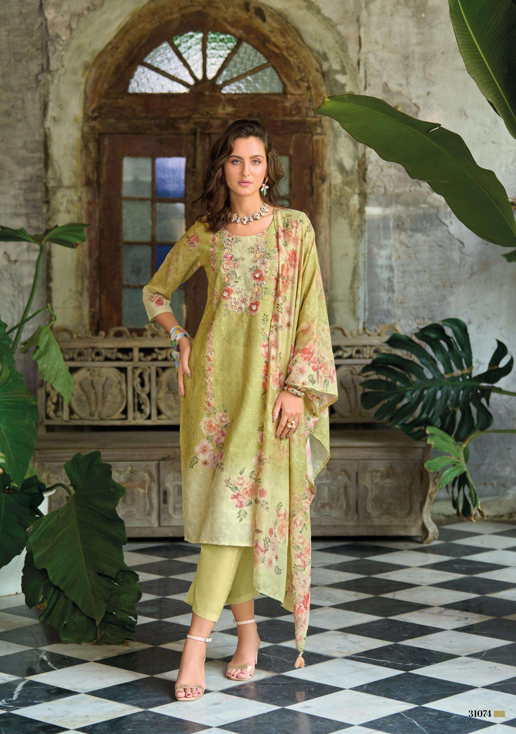 SUMMER PASTELS-2 BY LADY LEELA IN BORER STIFFLY WORK ON LINEN FABRIC WITH HANDWORK