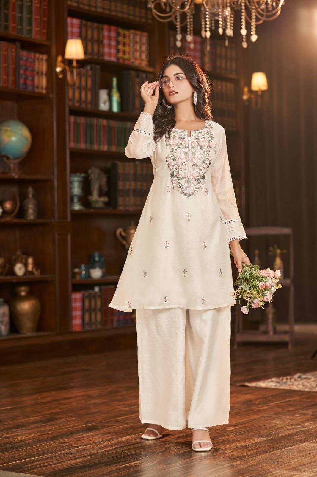 VOL-1 BY TEXOFAB IN PURE MUL CHANDERI WITH COTTON LINING CO-ORD SET WITH HANDWORK 