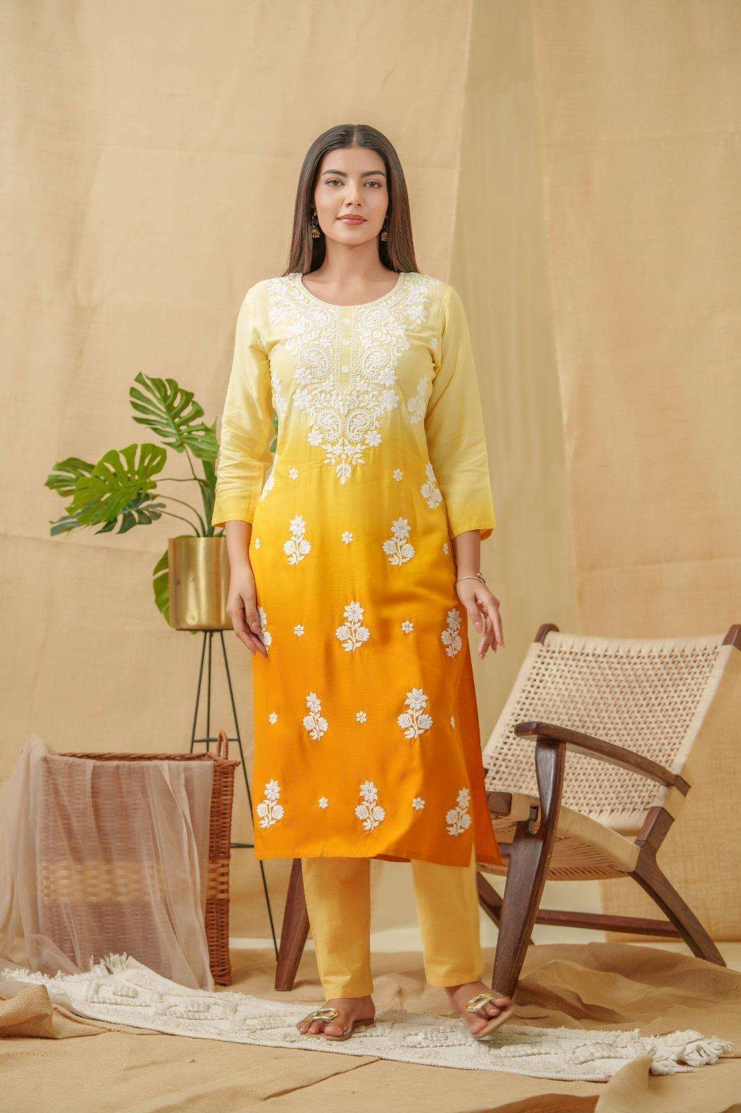 VOL-3 BY TEXOFAB IN RAYON PRINT KURTI AND PANT WITH HAND WORK 