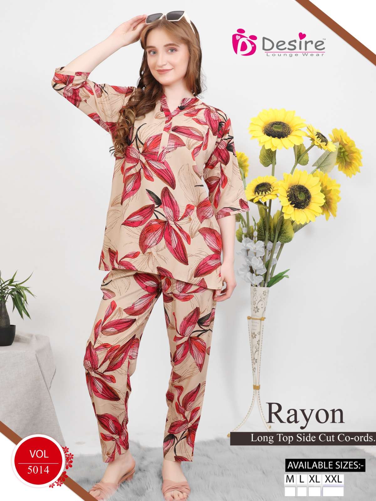 VOL :- 5014 TO 5021 BY DESIRE IN PREMIUM RAYON LONG TOP SIDE CUT CO-ORD SET 