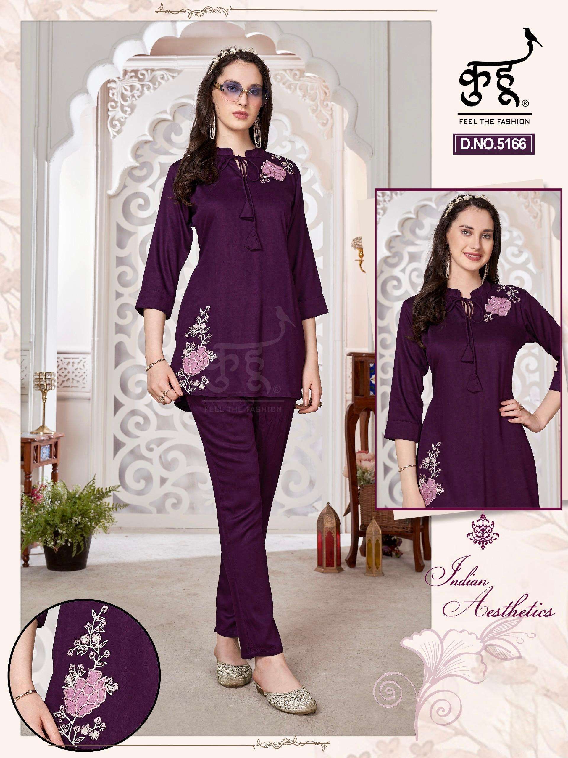 D.NO :- 5160-65-66 BY KUHOO IN FANCY FABRIC CO-ORD SET WITH HAND WORK 
