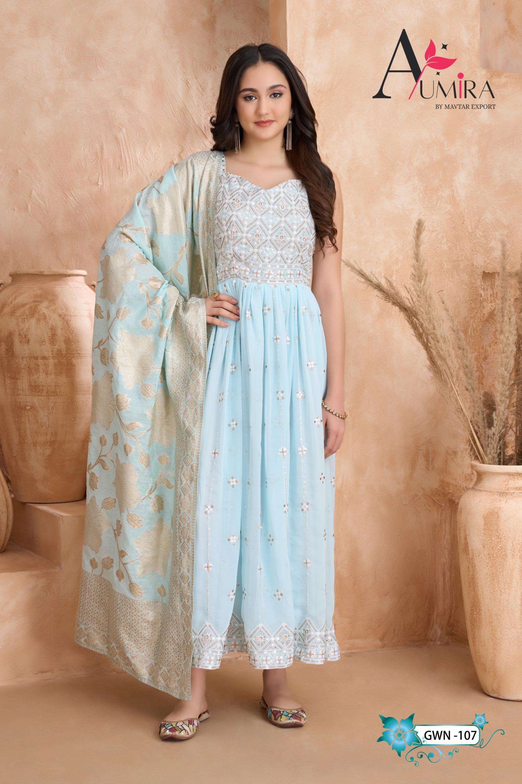 D.NO:- GWN-107 BY AUMIRA IN REAL GEORGETTE HEAVY GOWN WITH JACQUARD DUPATTA 