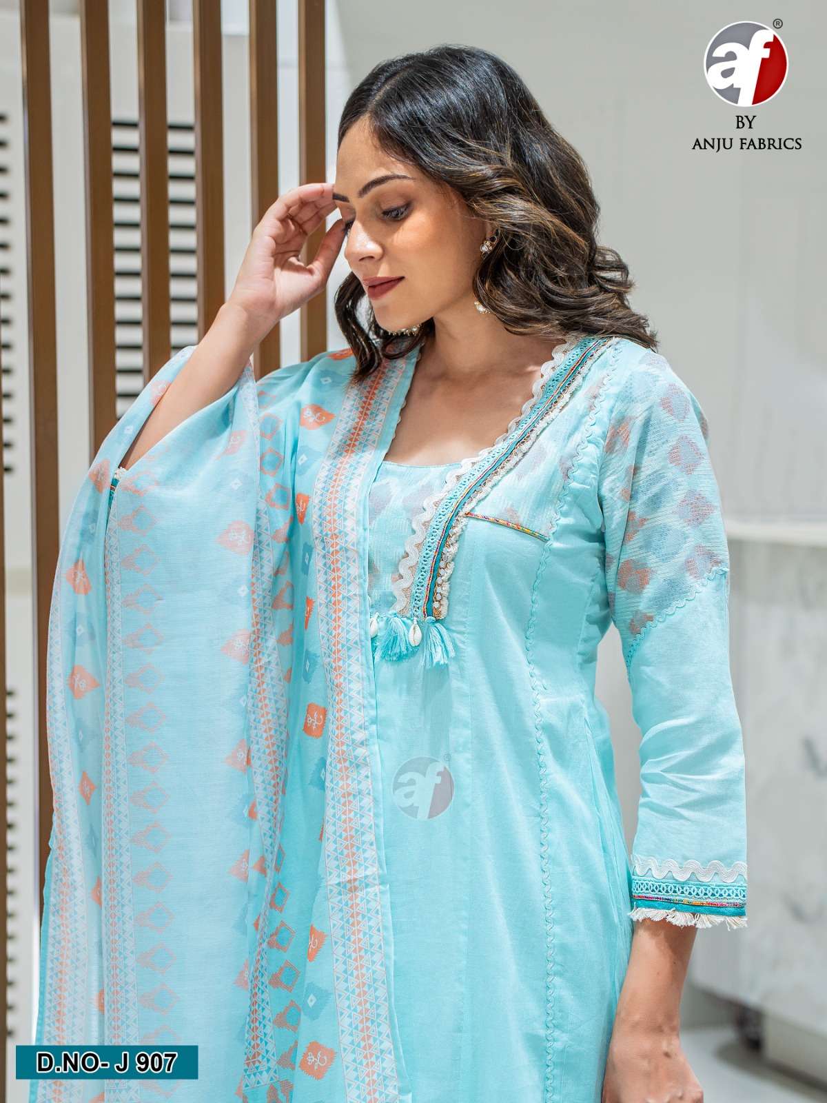 D.NO:- J 907 BY ANJU FABRICS IN PURE COTTON MUL WITH DESIGNER TESSELS & SHELLS 