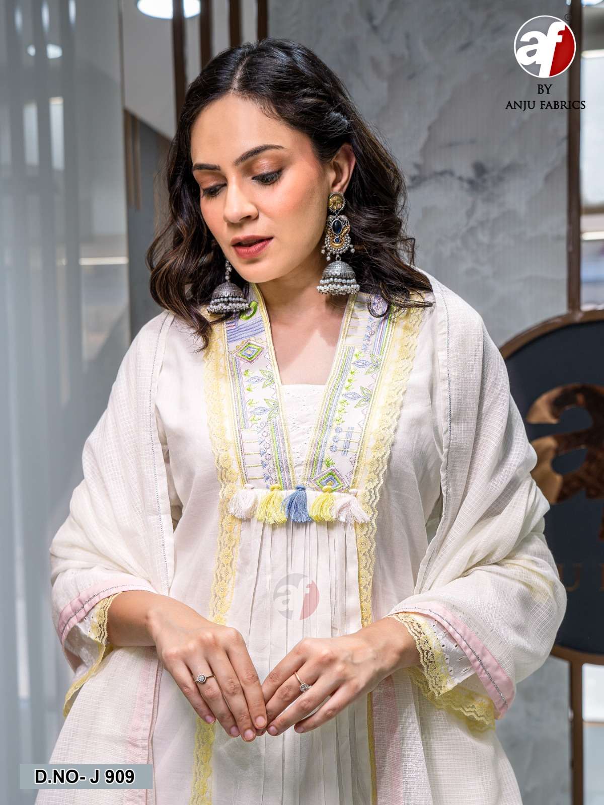 D.NO:- J 909 BY ANJU FABRICS IN PURE COTTON MUL WITH DESIGNER EMBROIDERY WORK 