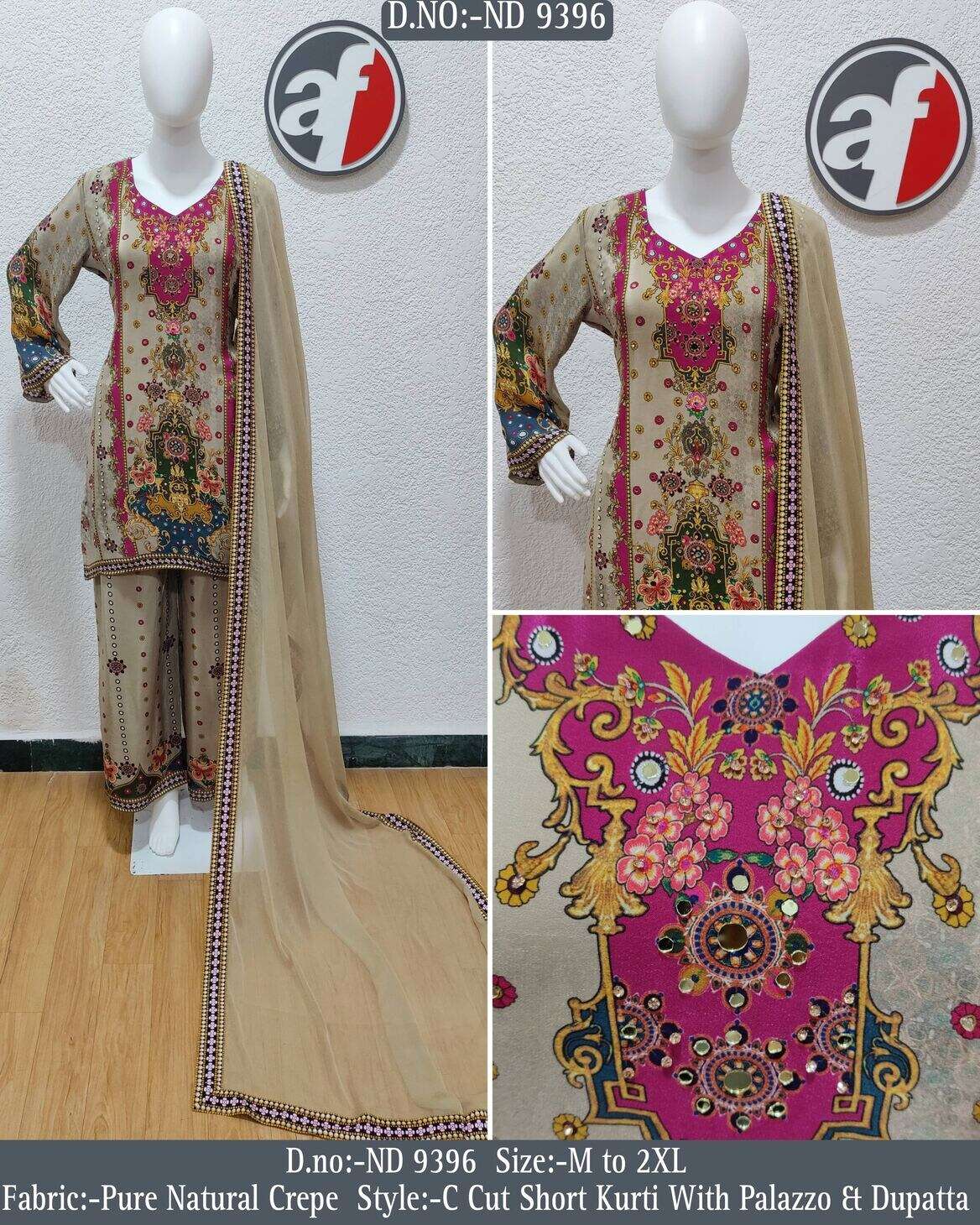 D.NO:- ND 9396 BY ANJU FABRICS IN PURE NATURAL CREPE C-CUT SHORT KURTI WITH PALAZZO & DUPATTA 