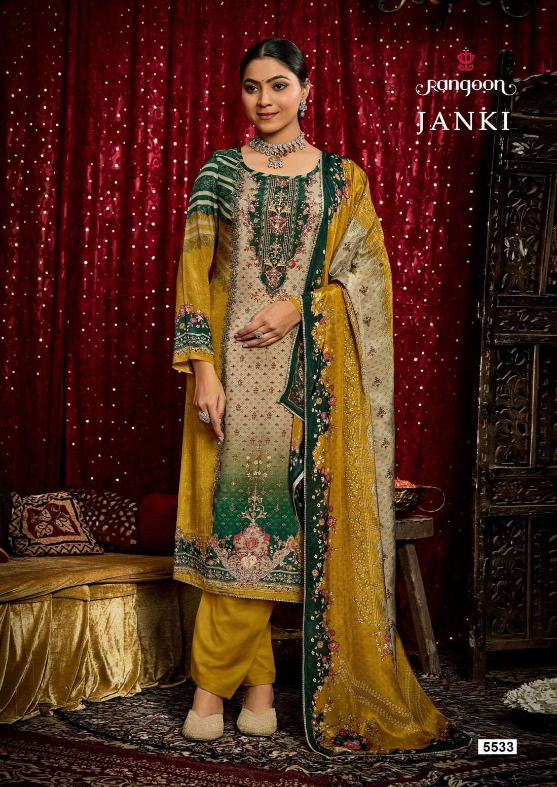 JANKI BY RANGOON IN PURE MUSLIN WITH PURE DIGITAL PRINT AARI AND SWAROSKI DIAMOND WORK 