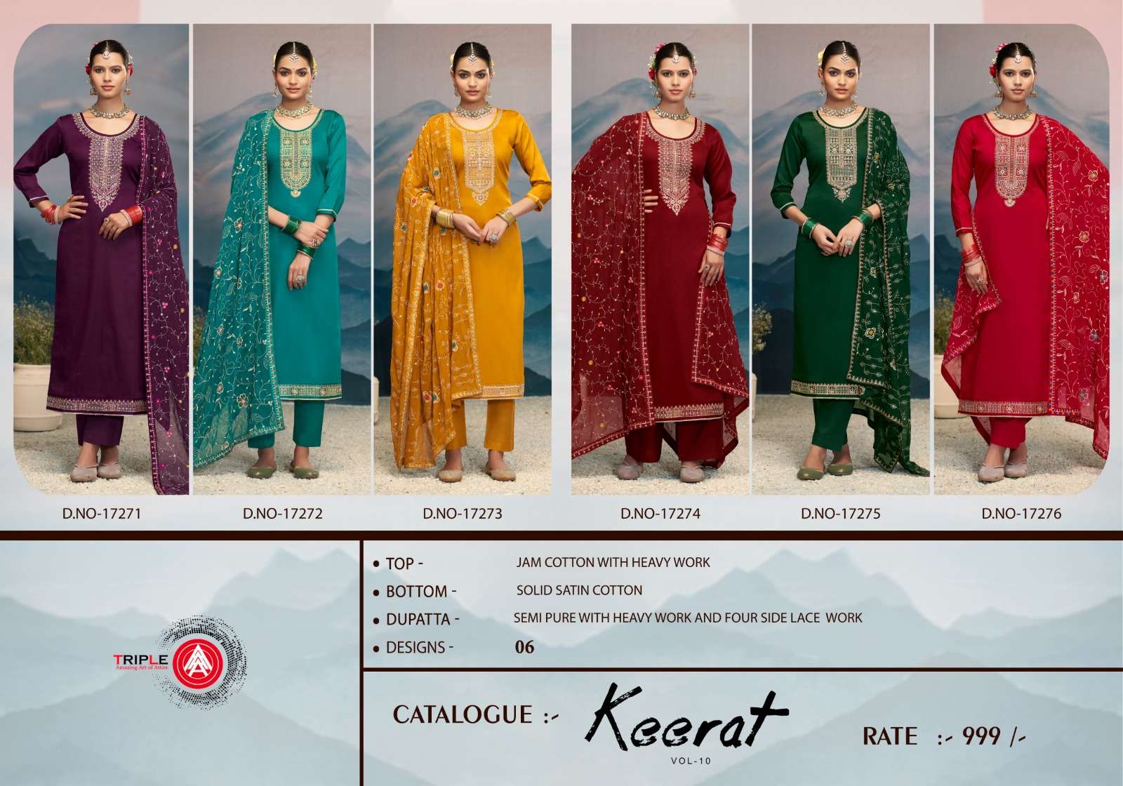 KEERAT VOL-10 BY TRIPLE IN JAM COTTON WITH HEAY HAND WORK AND SEMI PURE DUPATTA 