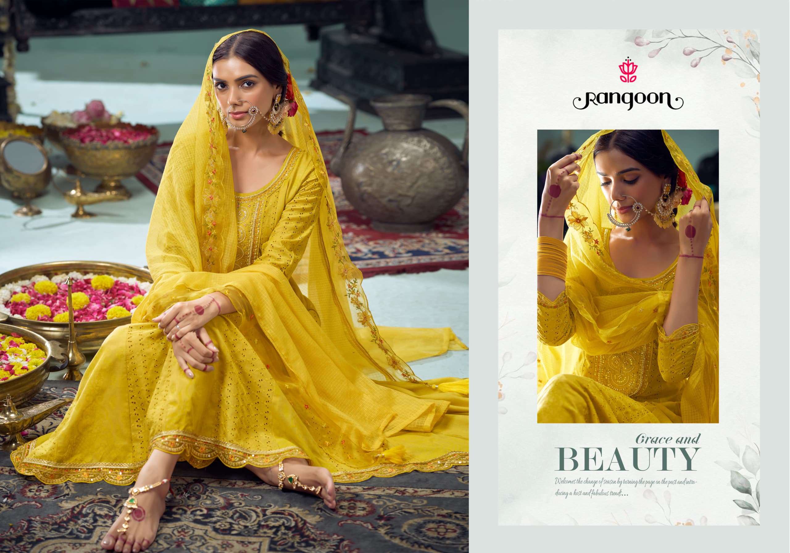 KESAR BY RANGOON IN PURE COTTON PRINT WITH FANCY KHATLI HANDWORK ANARKALI STYLE 