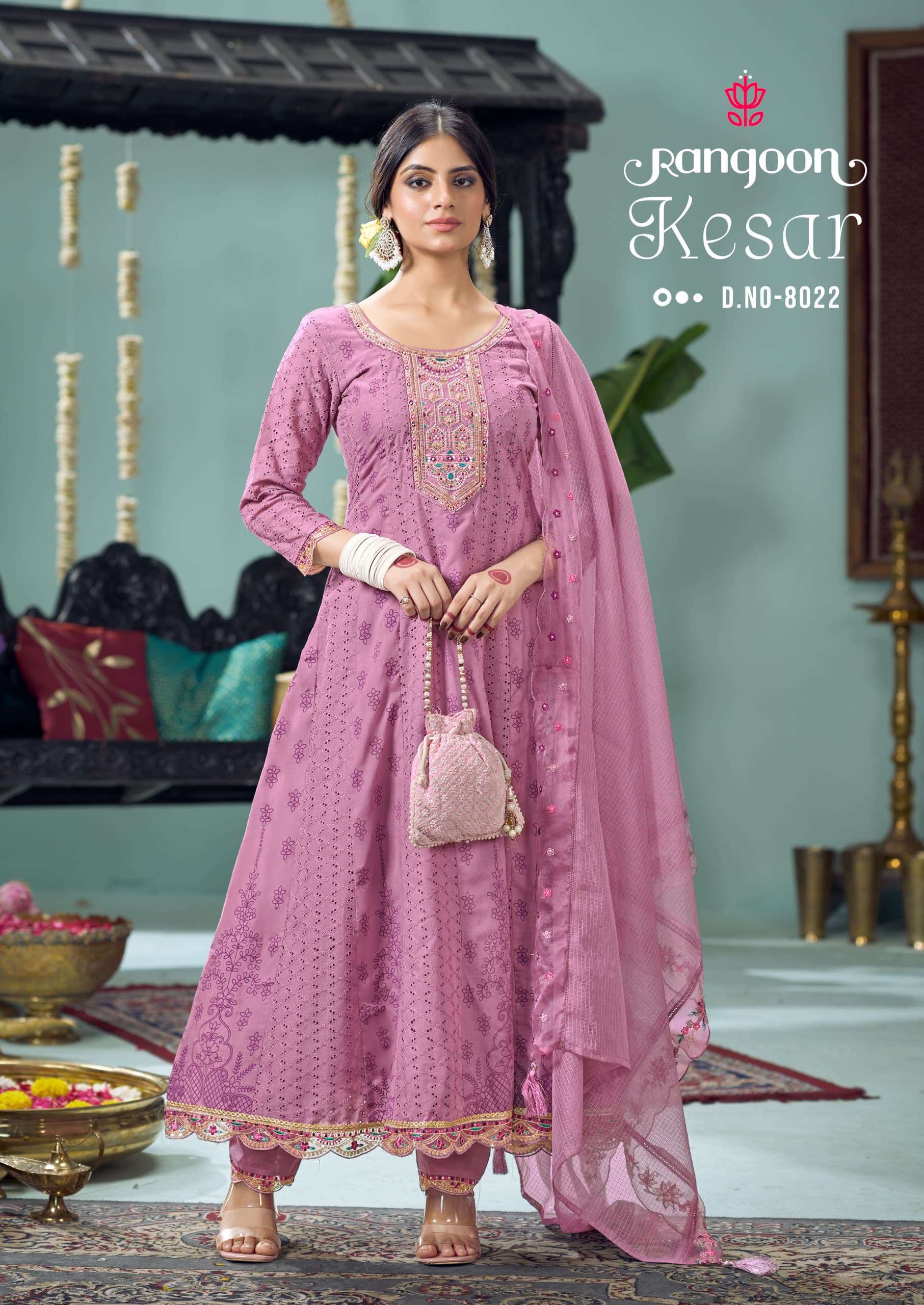 KESAR BY RANGOON IN PURE COTTON PRINT WITH FANCY KHATLI HANDWORK ANARKALI STYLE 