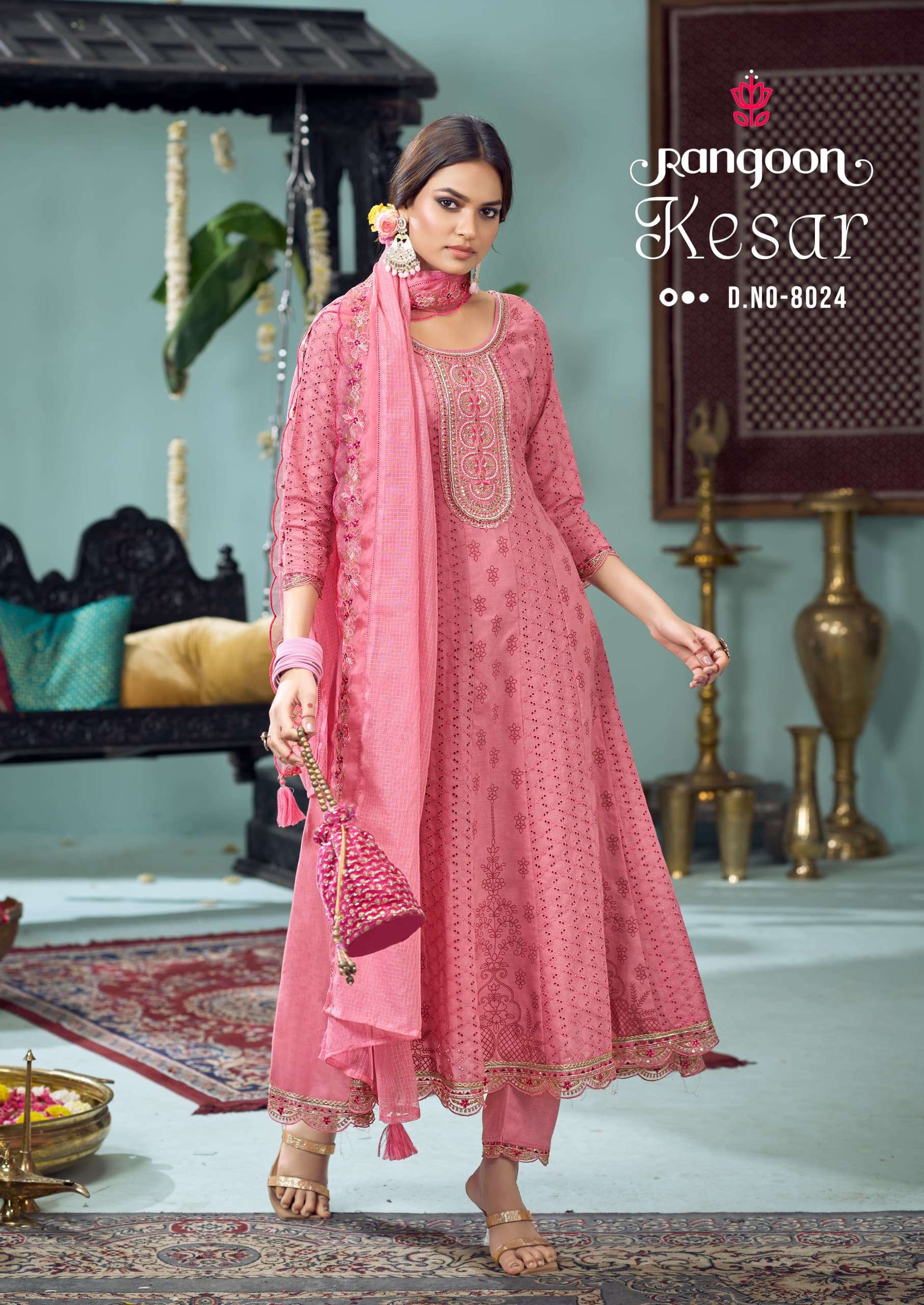 KESAR BY RANGOON IN PURE COTTON PRINT WITH FANCY KHATLI HANDWORK ANARKALI STYLE 