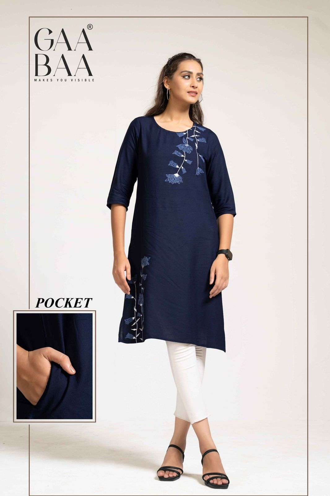 D.NO. 2205 BY GAABAA IN RAYON KURTI WITH PEARL & RUBBER PRINTS 