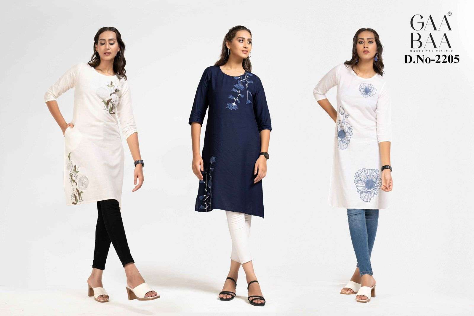 D.NO. 2205 BY GAABAA IN RAYON KURTI WITH PEARL & RUBBER PRINTS 