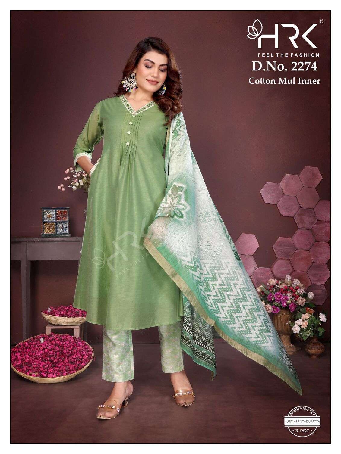 D.NO :- 2274 BY HRK IN SOFT CHANDERI EXCLUSIVE HAND WORK WITH COTTON MUL INNER 