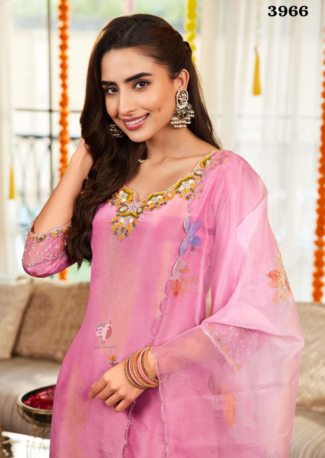 D.NO:- 3966 BY ANJU FABRICS IN PURE TISSUE SHIMMER KURTI PANT WITH ORGANZA DUPATTA