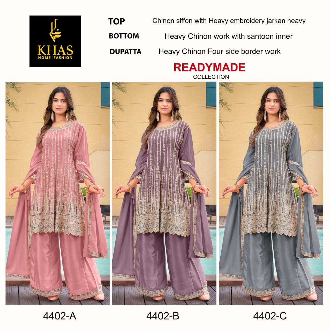 D.NO :- 4402 BY KHAS IN CHINON SILK BEEUTIFUL NEW RADY MADE COLLECTION WITH WORK 