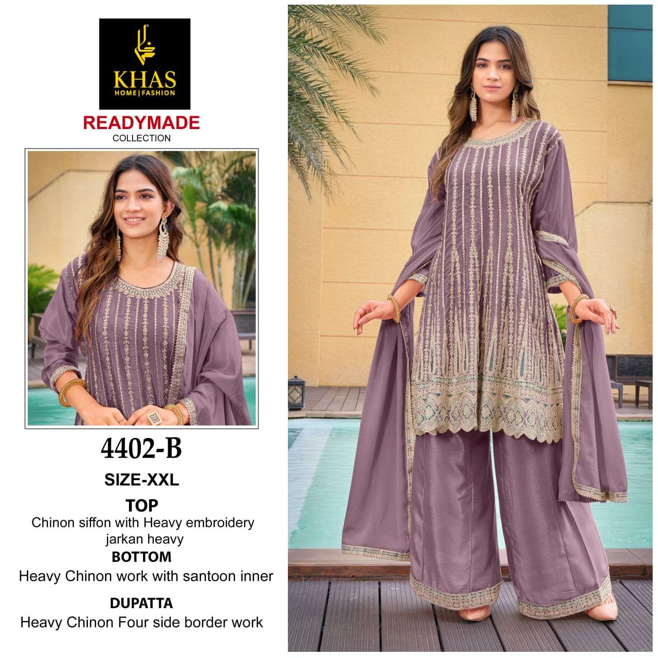 D.NO :- 4402 BY KHAS IN CHINON SILK BEEUTIFUL NEW RADY MADE COLLECTION WITH WORK 