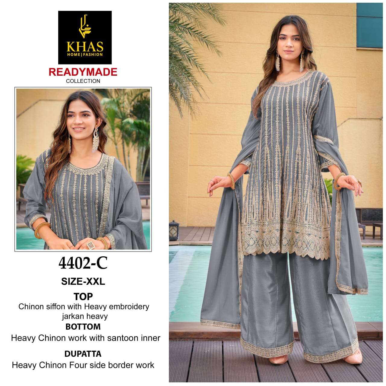 D.NO :- 4402 BY KHAS IN CHINON SILK BEEUTIFUL NEW RADY MADE COLLECTION WITH WORK 