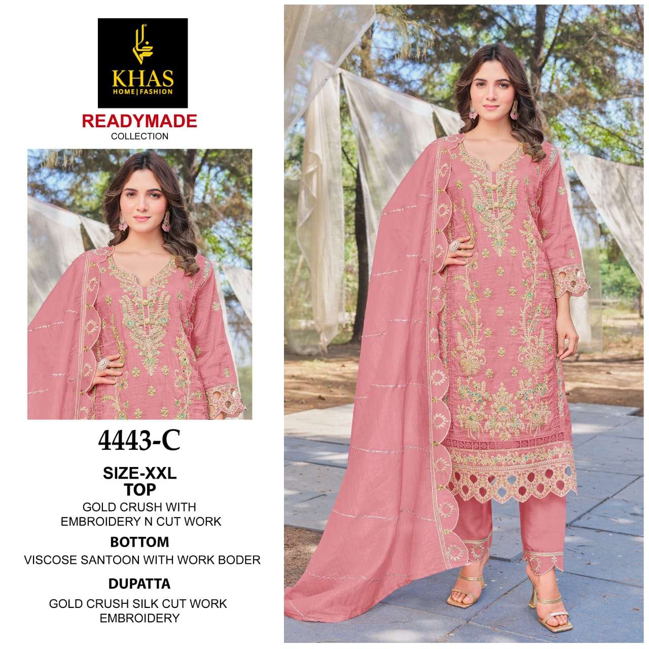 D.NO :- 4443 BY KHAS IN GOLD CRUSH WITH EMBROIDERY AND NECK CUT WORK 