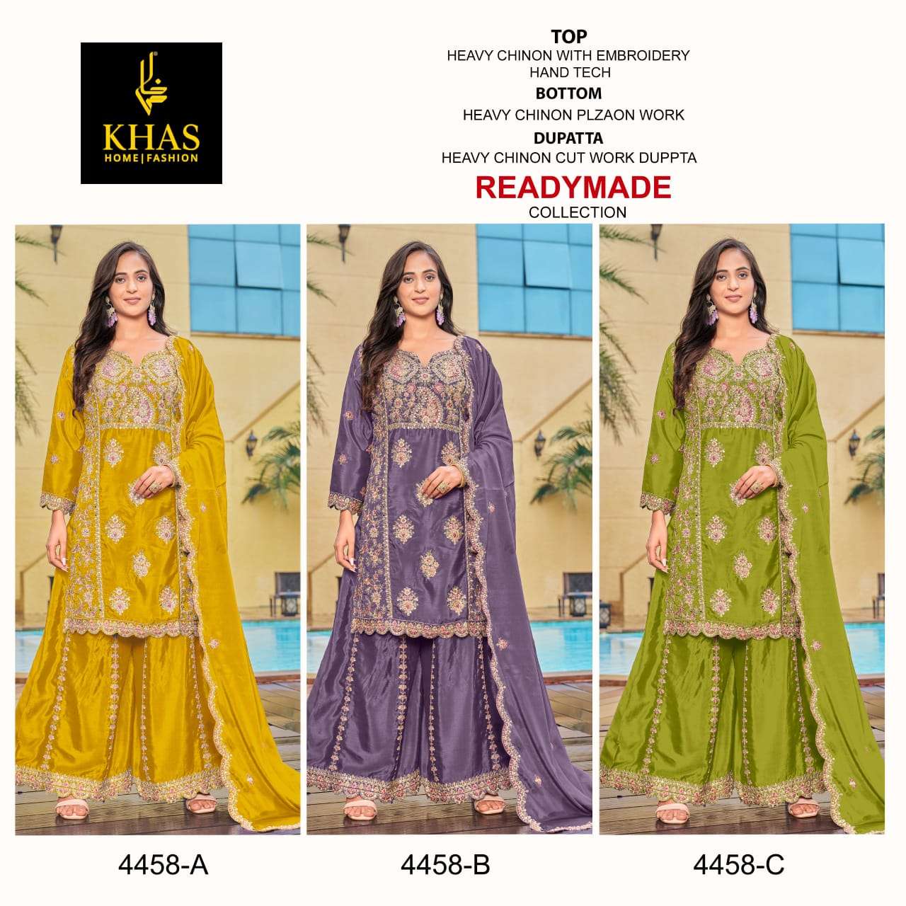 D.NO :- 4458 BY BY KHAS IN CHINON SILK BEEUTIFUL NEW RADY MADE COLLECTION 