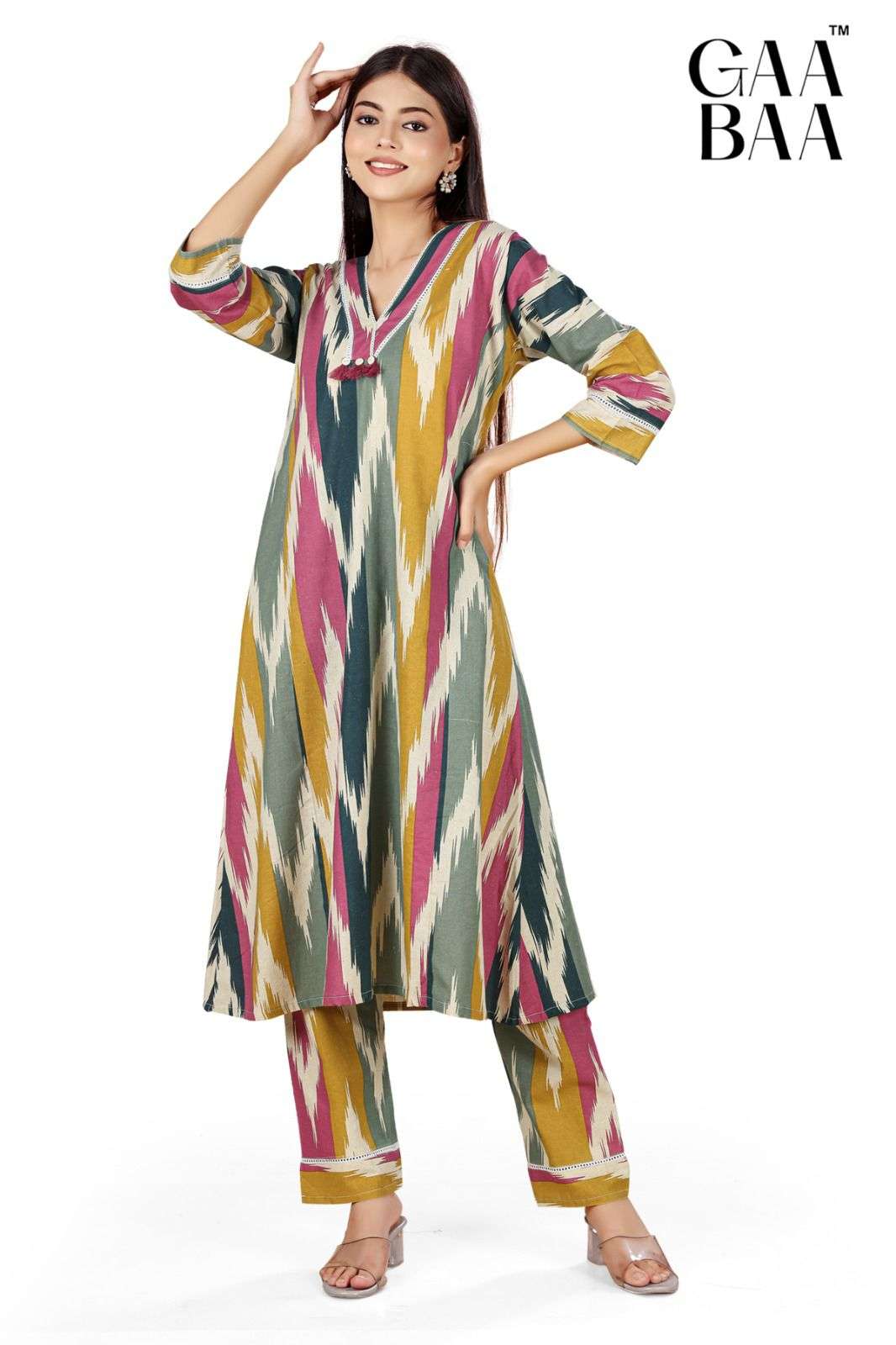 D.NO :- 929 BY GAABAA IN COTTON FLEX PRINT CO-ORD SET WITH POCKET & CROSIO LACE 