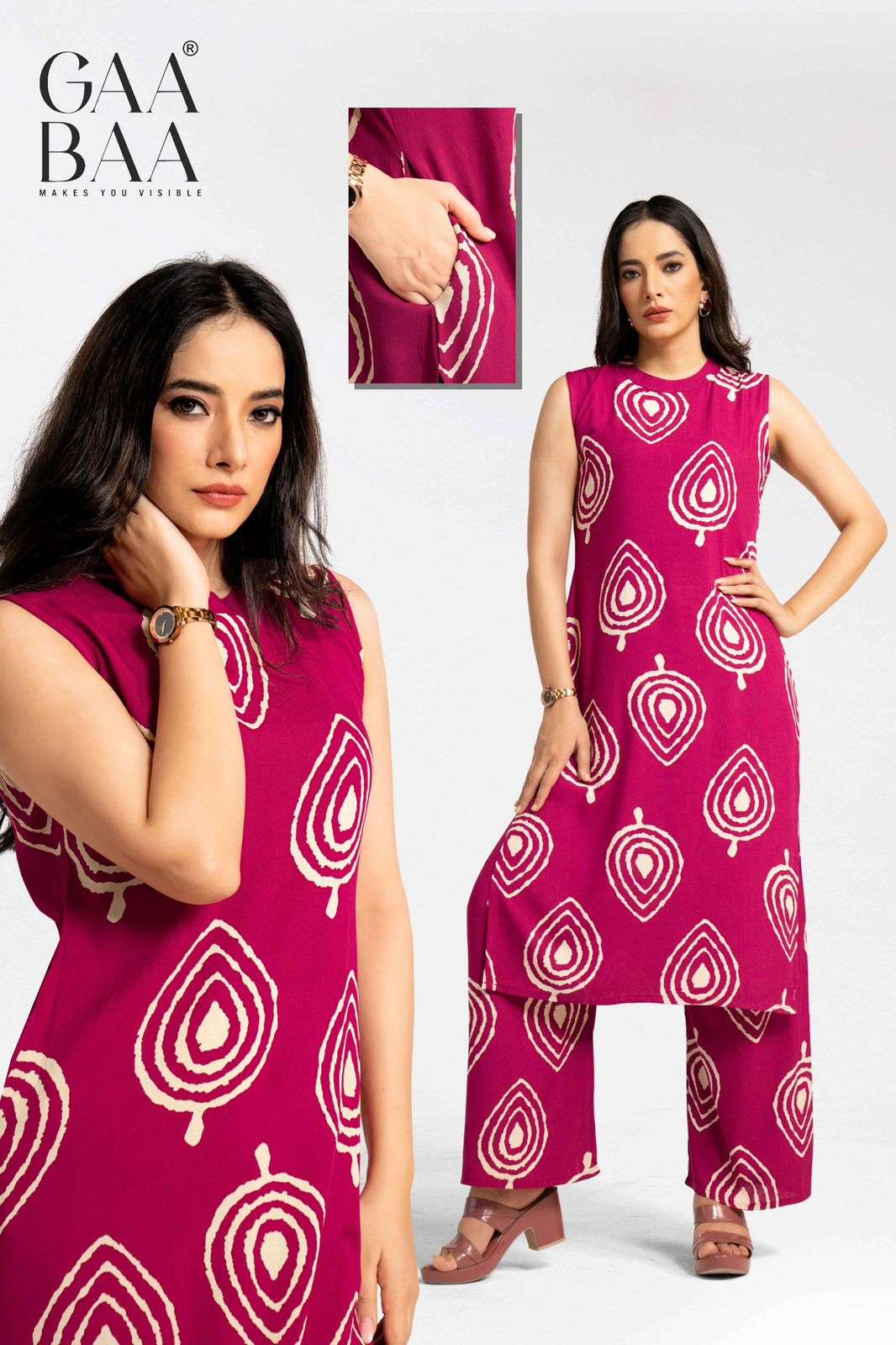 D.NO :- 931 BY GAABAA IN HEAVY RAYON PROCAINE PRINT CO-ORD SET WITH BACK ZIP