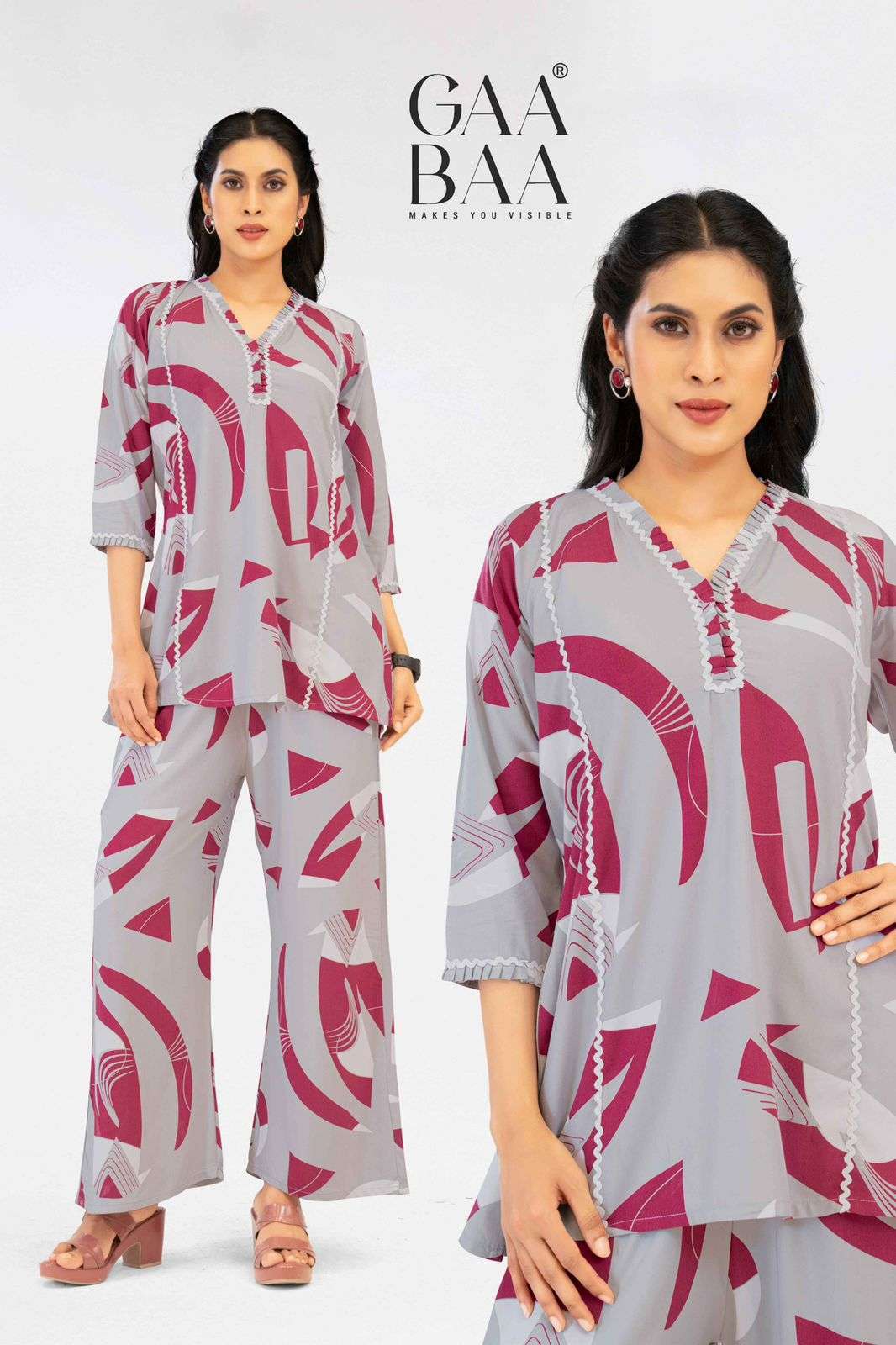 D.NO : 932 BY GAABAA IN 22KG RAYON CO-ORD SET WITH LACE WORK AND PANT POCKET 
