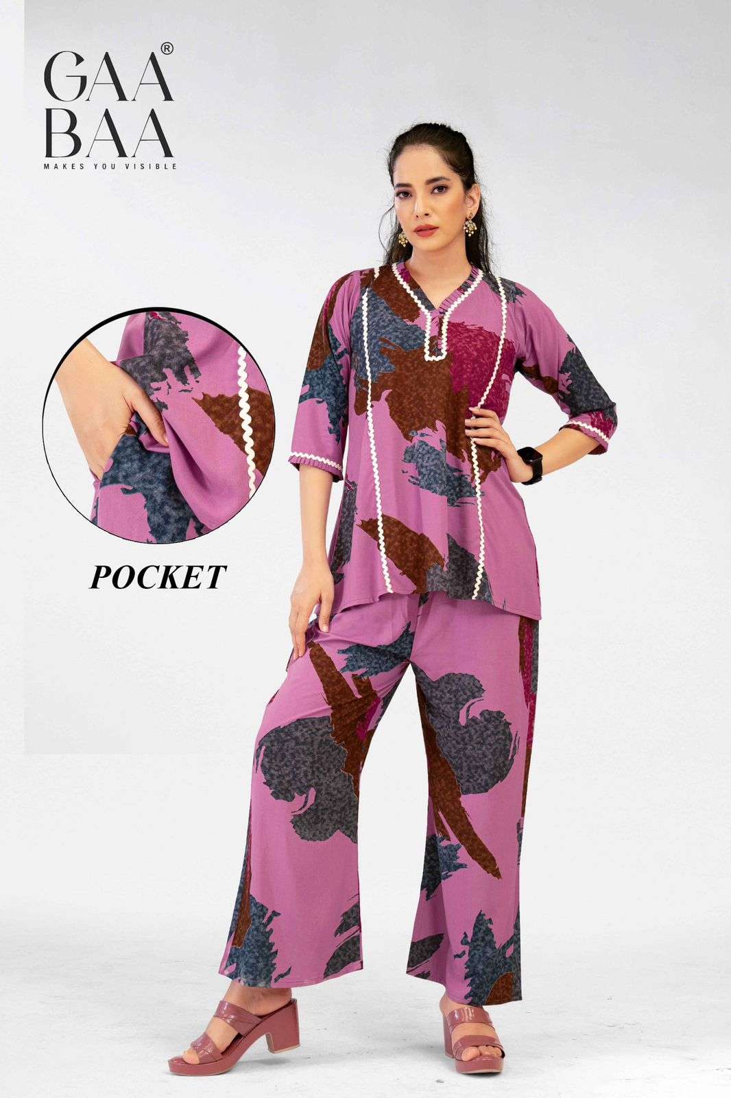 D.NO : 932 BY GAABAA IN 22KG RAYON CO-ORD SET WITH LACE WORK AND PANT POCKET 