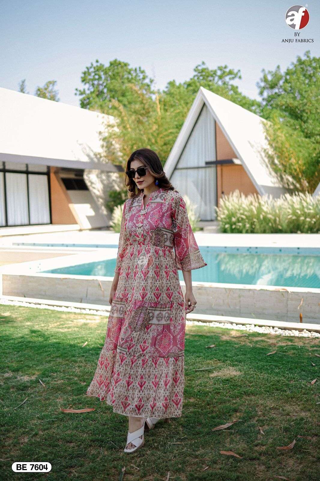 D.NO:- BE 7604 BY ANJU FABRICS IN PRINTED CHIFFON WITH PURE COTTON INNER ONE PIECE GOWN