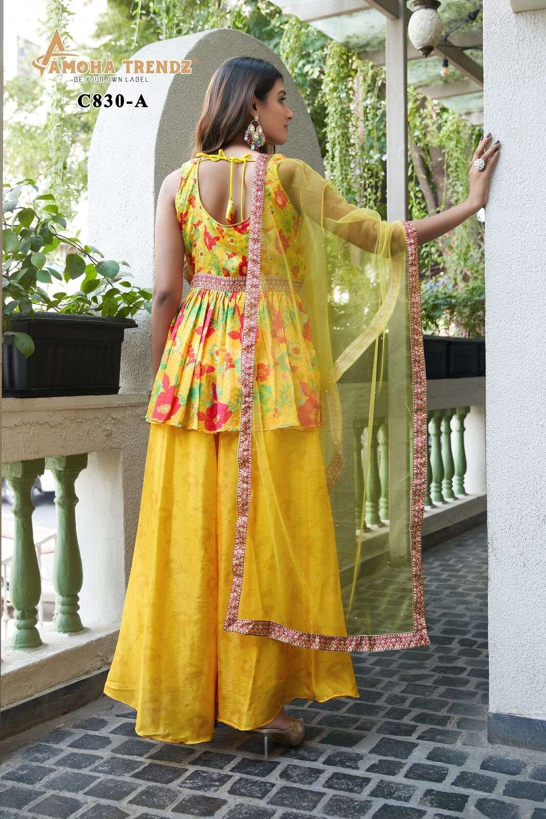 D.NO :- C830 BY AMOHA TRENDZ IN CHIFFON CROP TOP WITH FLORAL PRINTED AND EMBROIDERED WORK