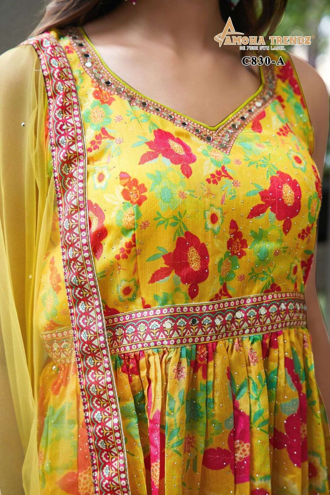 D.NO :- C830 BY AMOHA TRENDZ IN CHIFFON CROP TOP WITH FLORAL PRINTED AND EMBROIDERED WORK