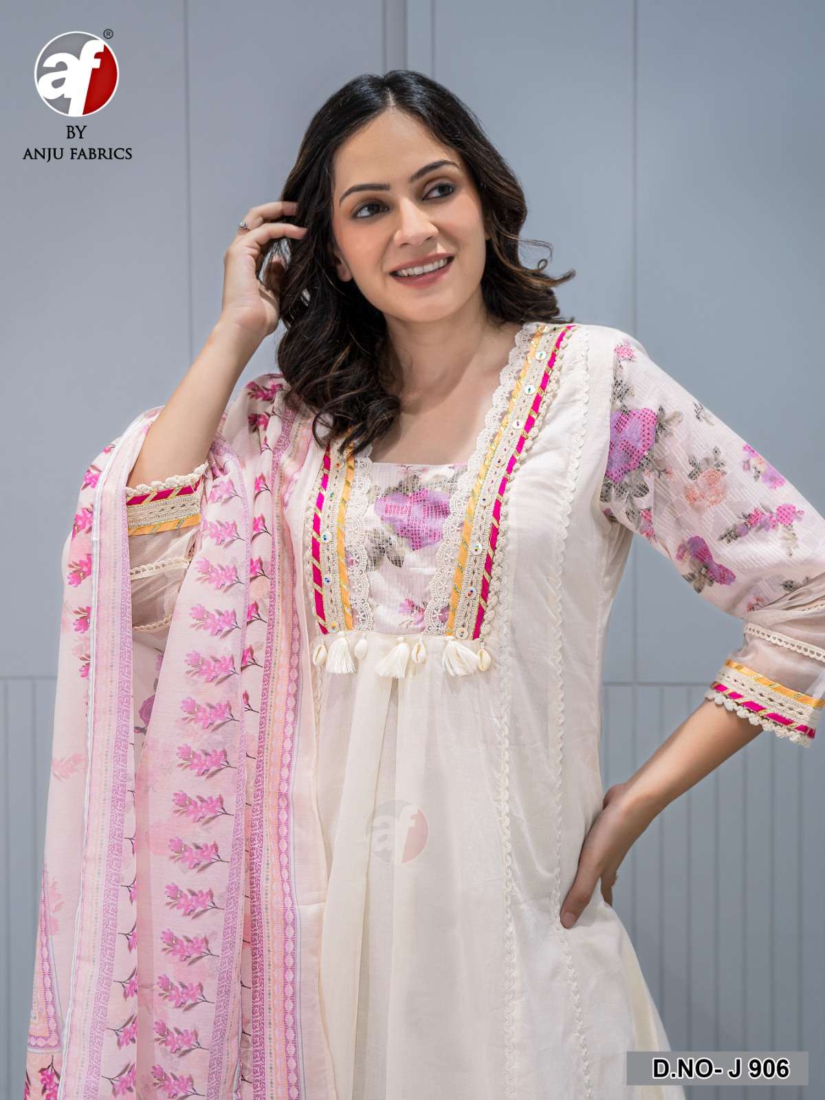 D.NO:- J 906 BY ANJU FABRICS IN PURE COTTON JACQUARD ANARKALI KURTI PANT WITH DUPATTA 