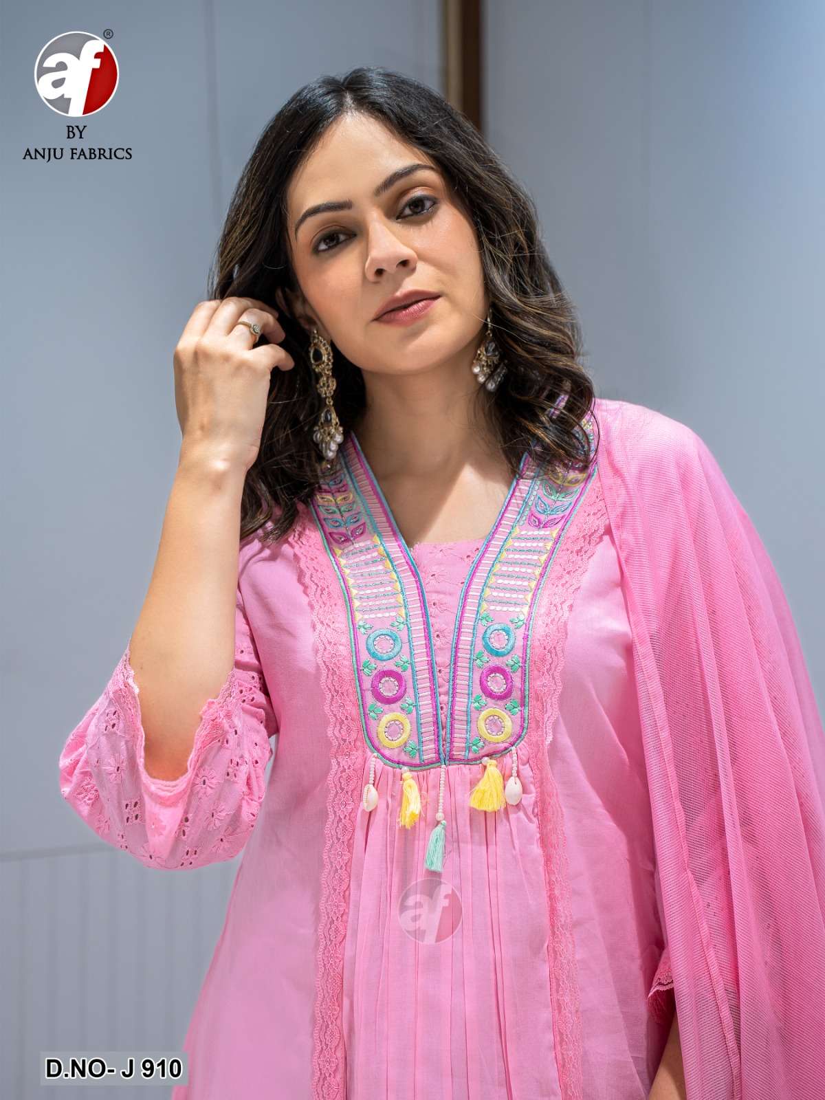 D.NO:- J 910 BY ANJU FABRICS IN PURE COTTON MUL WITH DESIGNER EMBROIDERY WORK 